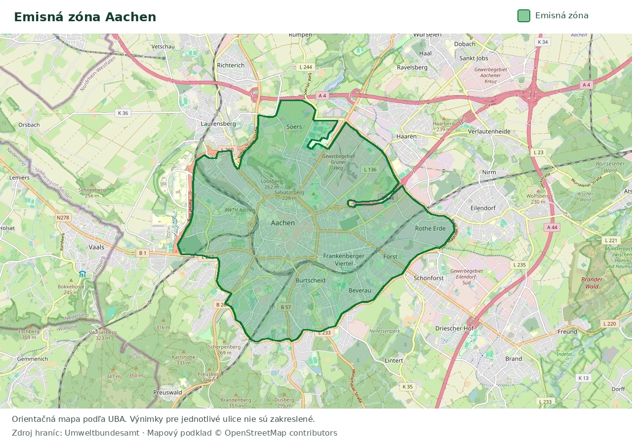 Prehľadová mapa emisnej zóny Aachen s vyznačenými hranicami