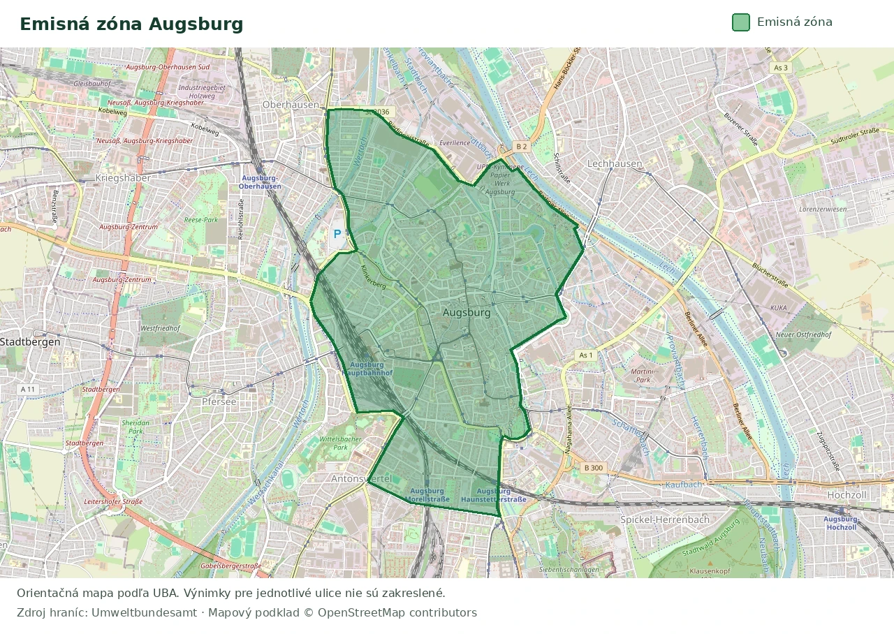 Prehľadová mapa emisnej zóny Augsburg s vyznačenými hranicami