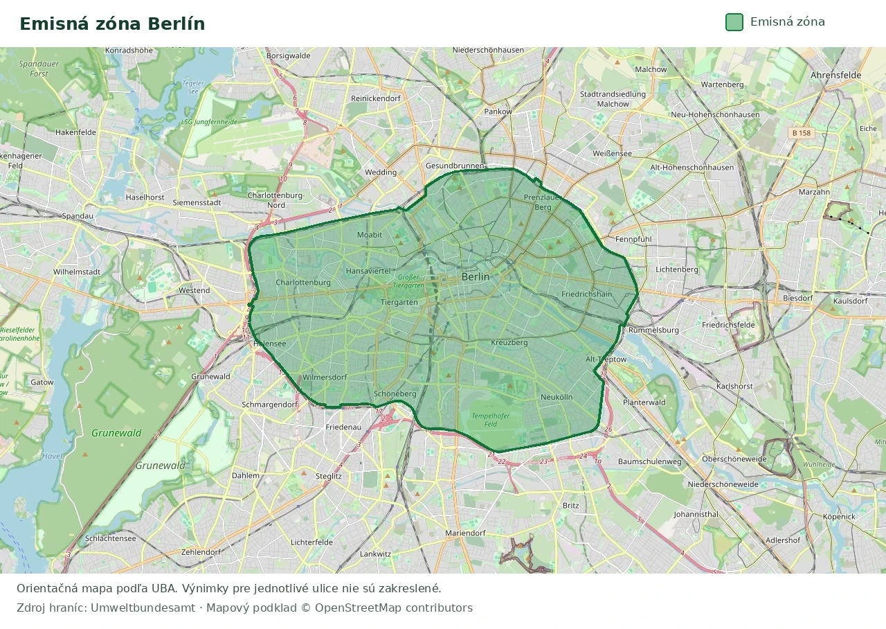 Prehľadová mapa emisnej zóny Berlín s vyznačenými hranicami
