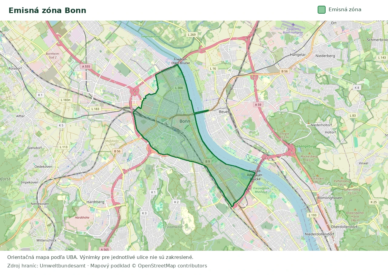 Prehľadová mapa emisnej zóny Bonn s vyznačenými hranicami