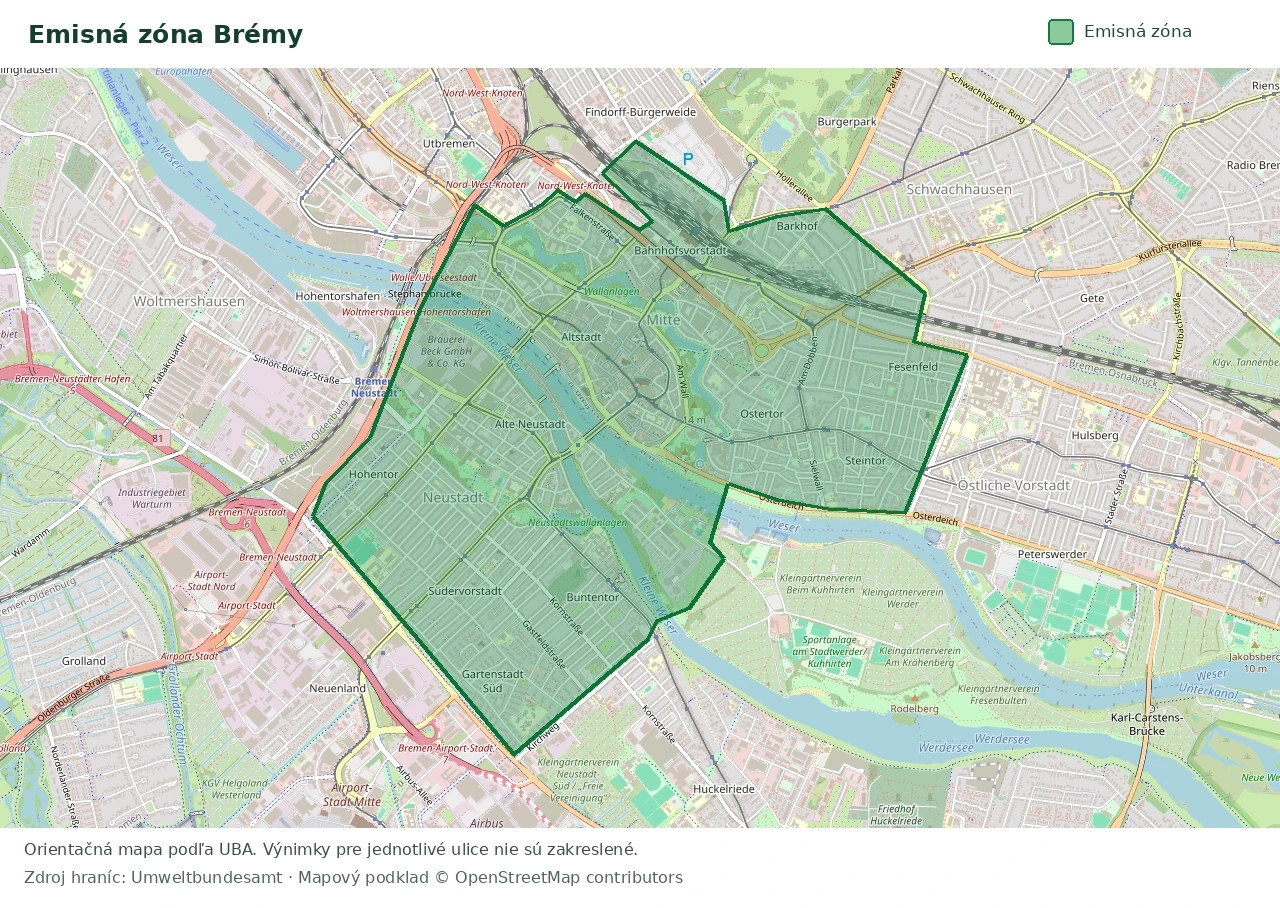 Prehľadová mapa emisnej zóny Brémy s vyznačenými hranicami