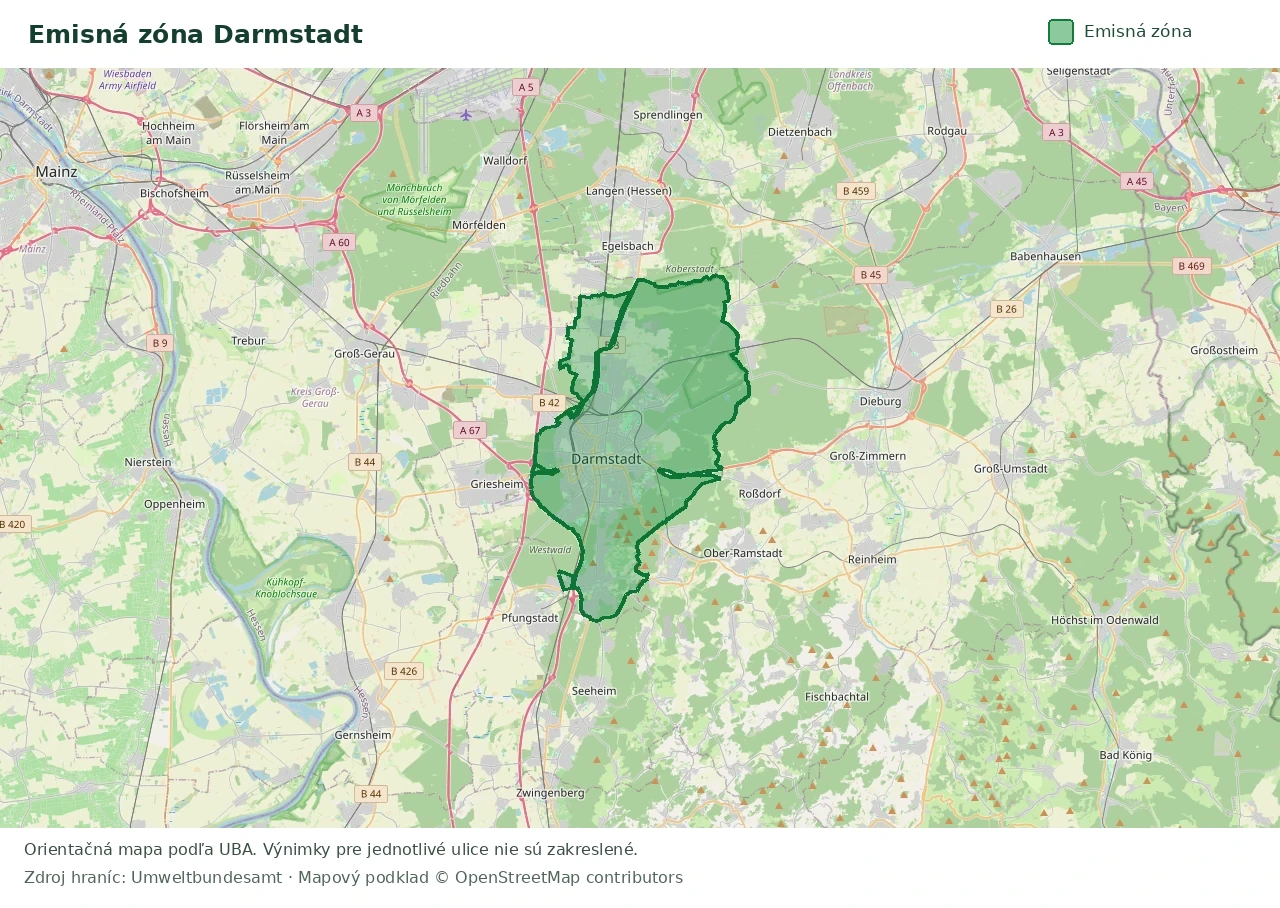 Prehľadová mapa emisnej zóny Darmstadt s vyznačenými hranicami