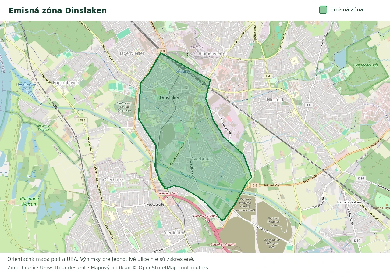 Prehľadová mapa emisnej zóny Dinslaken s vyznačenými hranicami