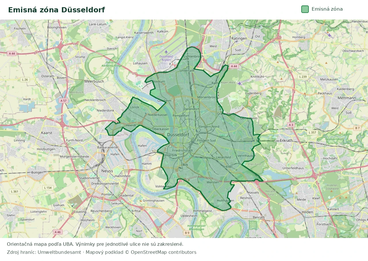 Prehľadová mapa emisnej zóny Düsseldorf s vyznačenými hranicami