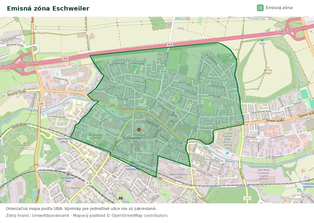 Prehľadová mapa emisnej zóny Eschweiler s vyznačenými hranicami