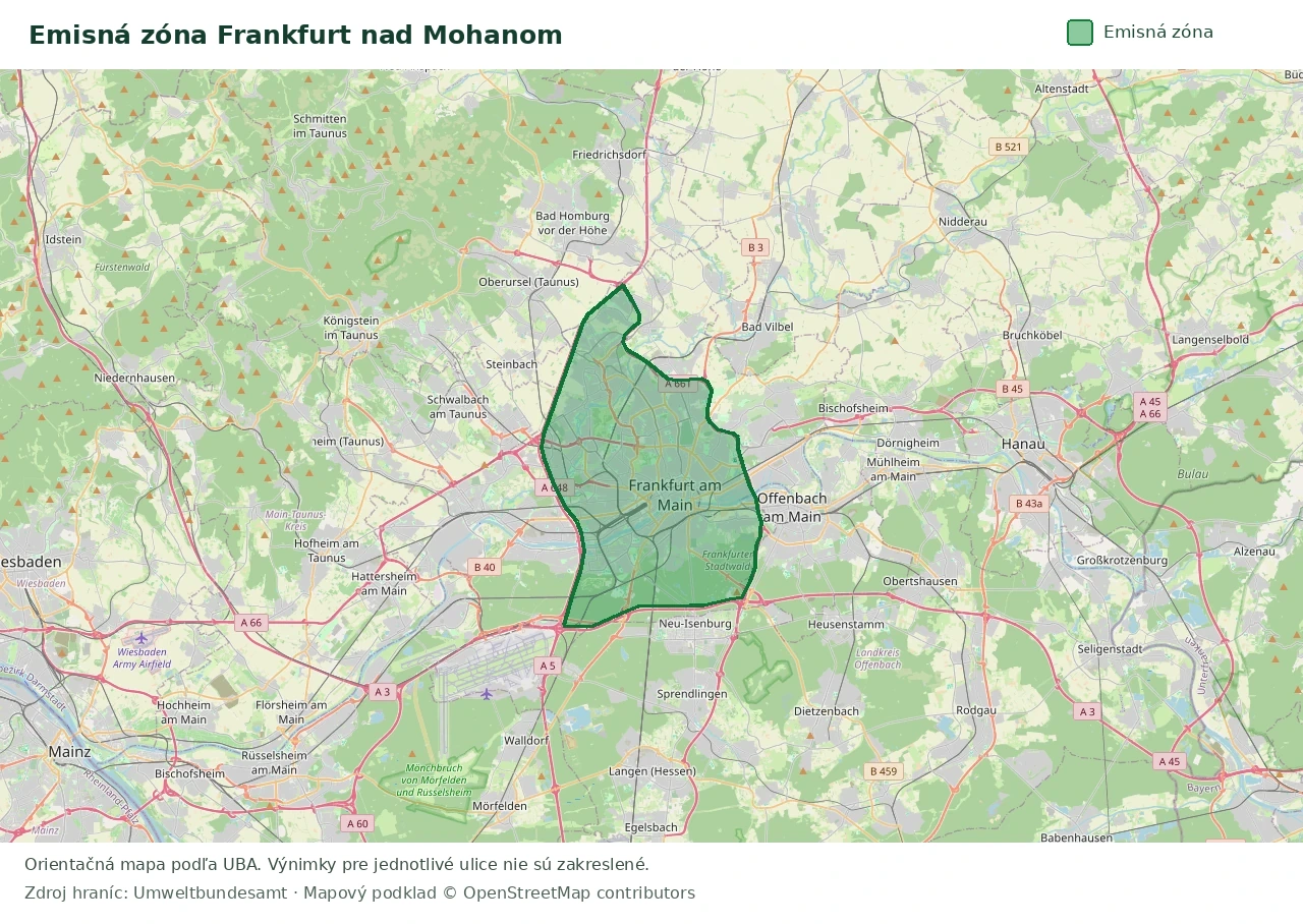 Prehľadová mapa emisnej zóny Frankfurt nad Mohanom s vyznačenými hranicami