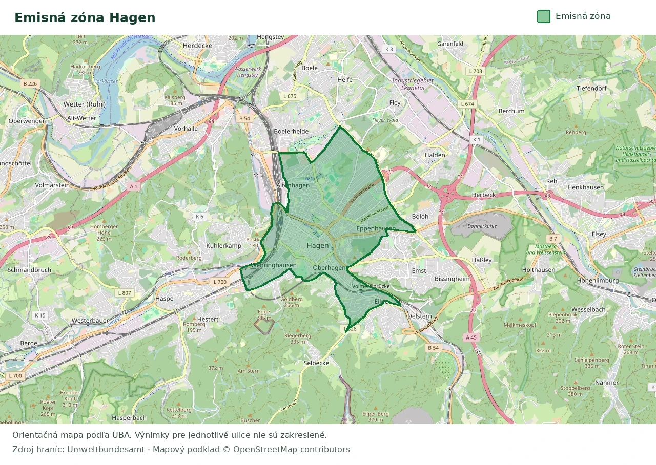 Prehľadová mapa emisnej zóny Hagen s vyznačenými hranicami