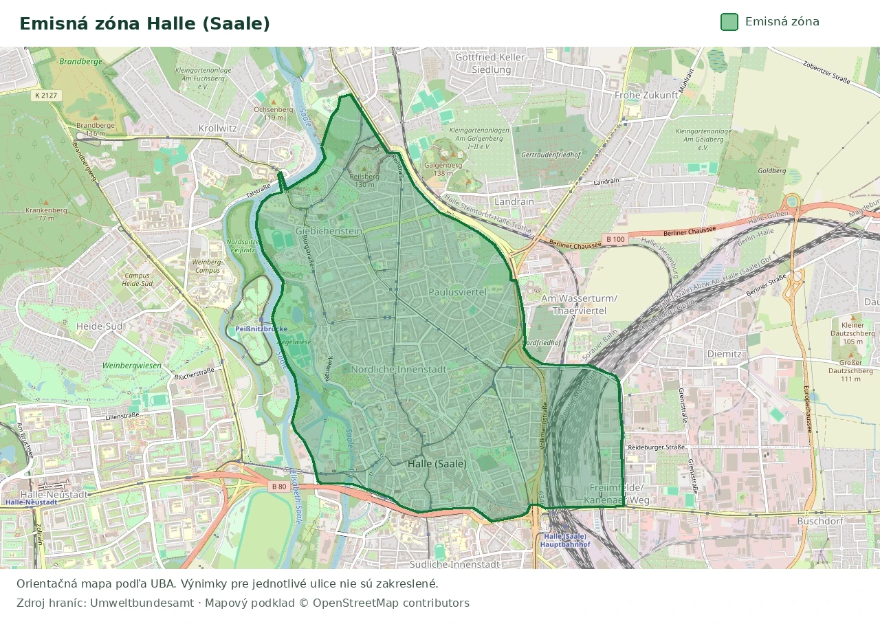 Prehľadová mapa emisnej zóny Halle (Saale) s vyznačenými hranicami