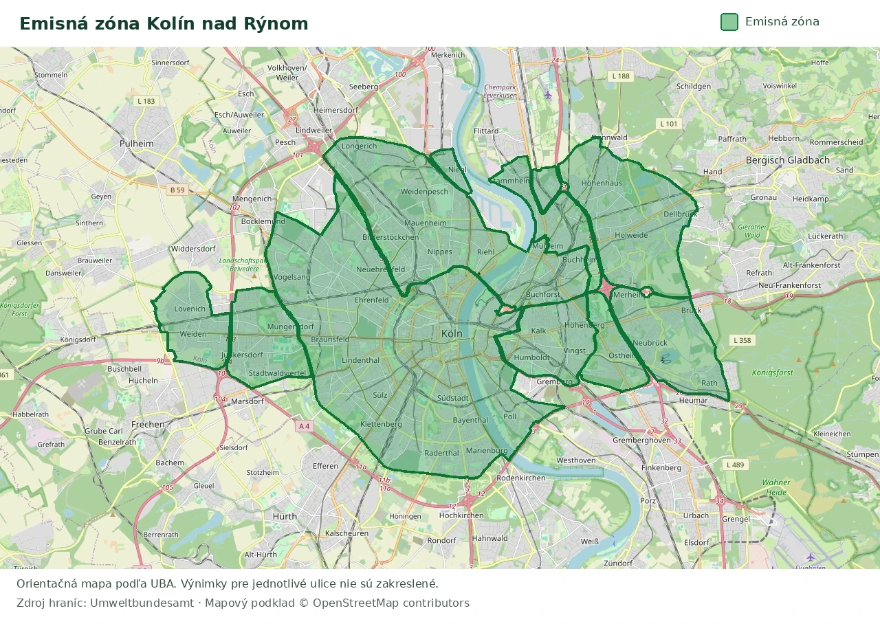 Prehľadová mapa emisnej zóny Kolín nad Rýnom s vyznačenými hranicami