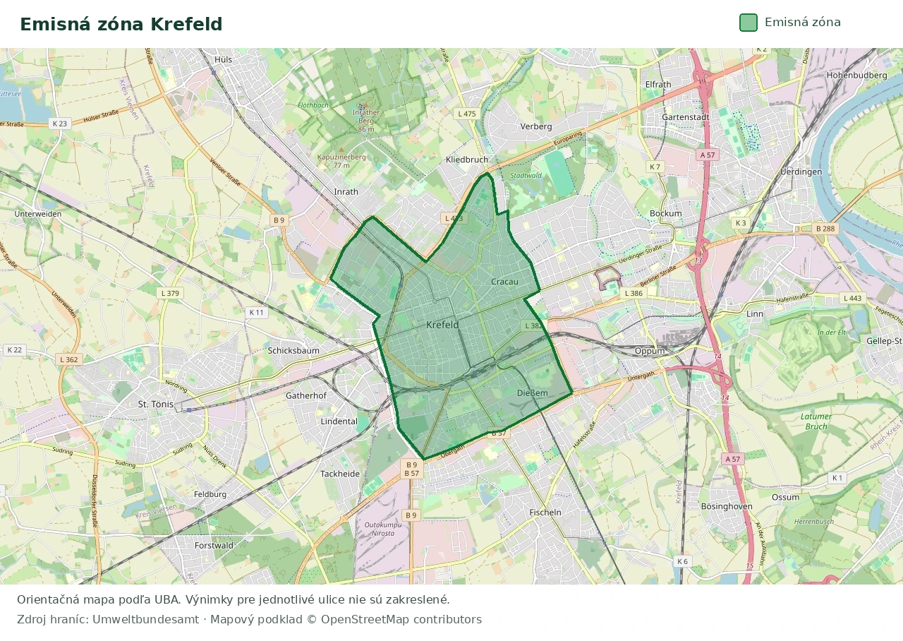 Prehľadová mapa emisnej zóny Krefeld s vyznačenými hranicami