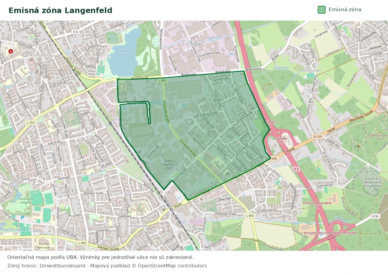 Prehľadová mapa emisnej zóny Langenfeld s vyznačenými hranicami