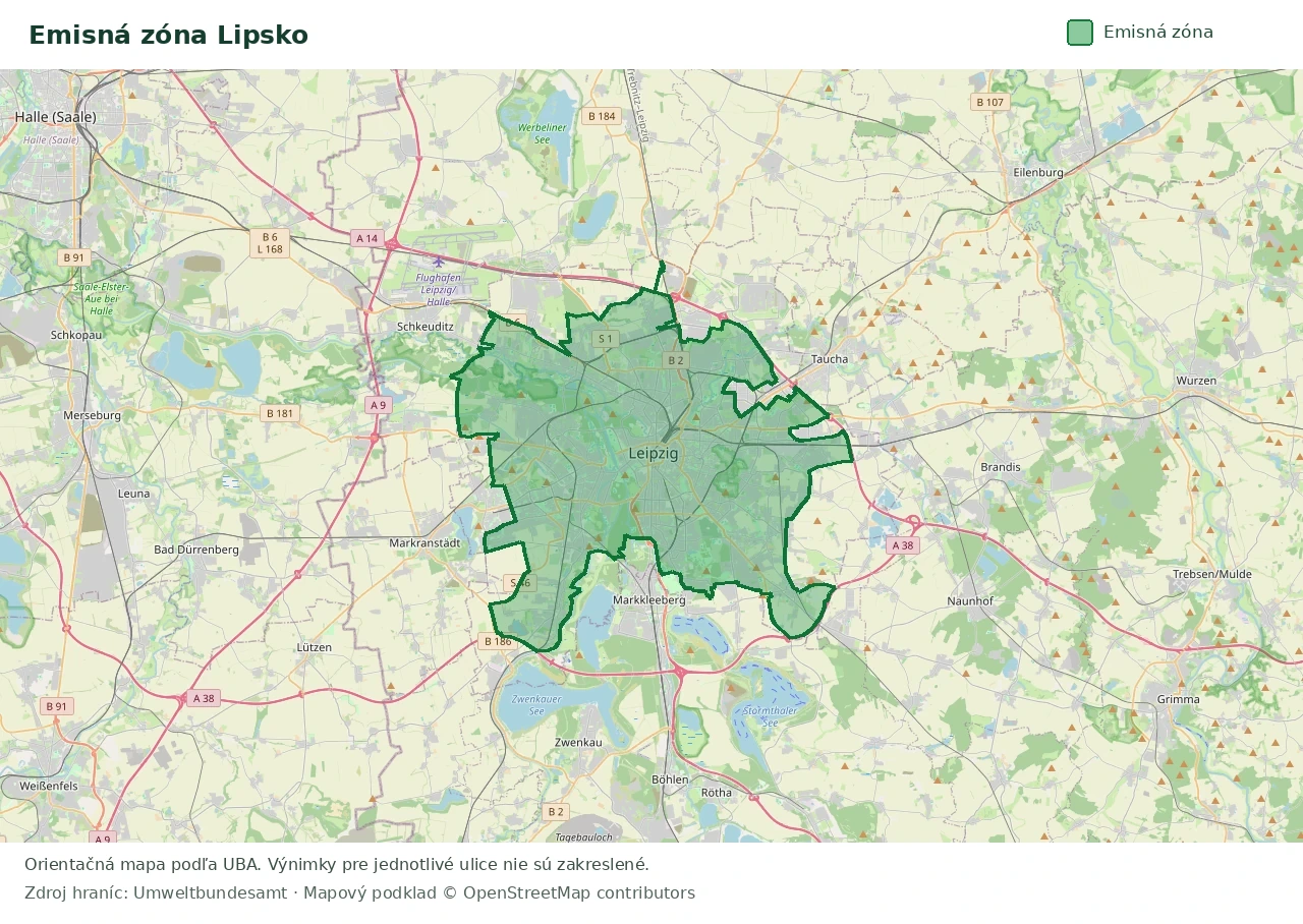 Prehľadová mapa emisnej zóny Lipsko s vyznačenými hranicami