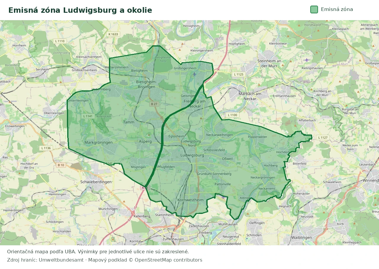 Prehľadová mapa emisnej zóny Ludwigsburg a okolie s vyznačenými hranicami