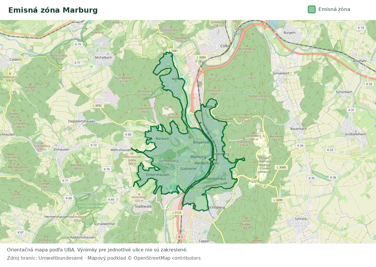Prehľadová mapa emisnej zóny Marburg s vyznačenými hranicami