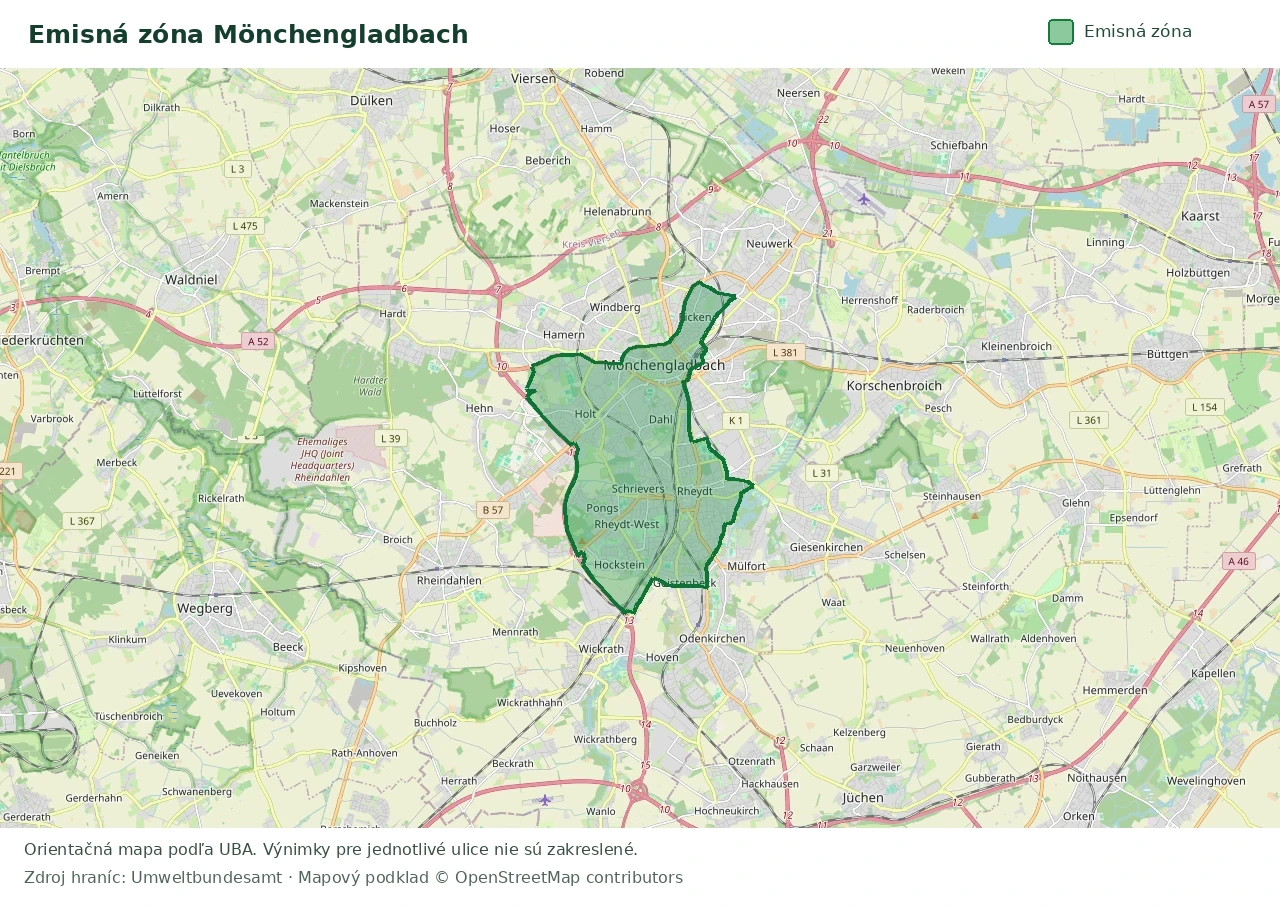 Prehľadová mapa emisnej zóny Mönchengladbach s vyznačenými hranicami