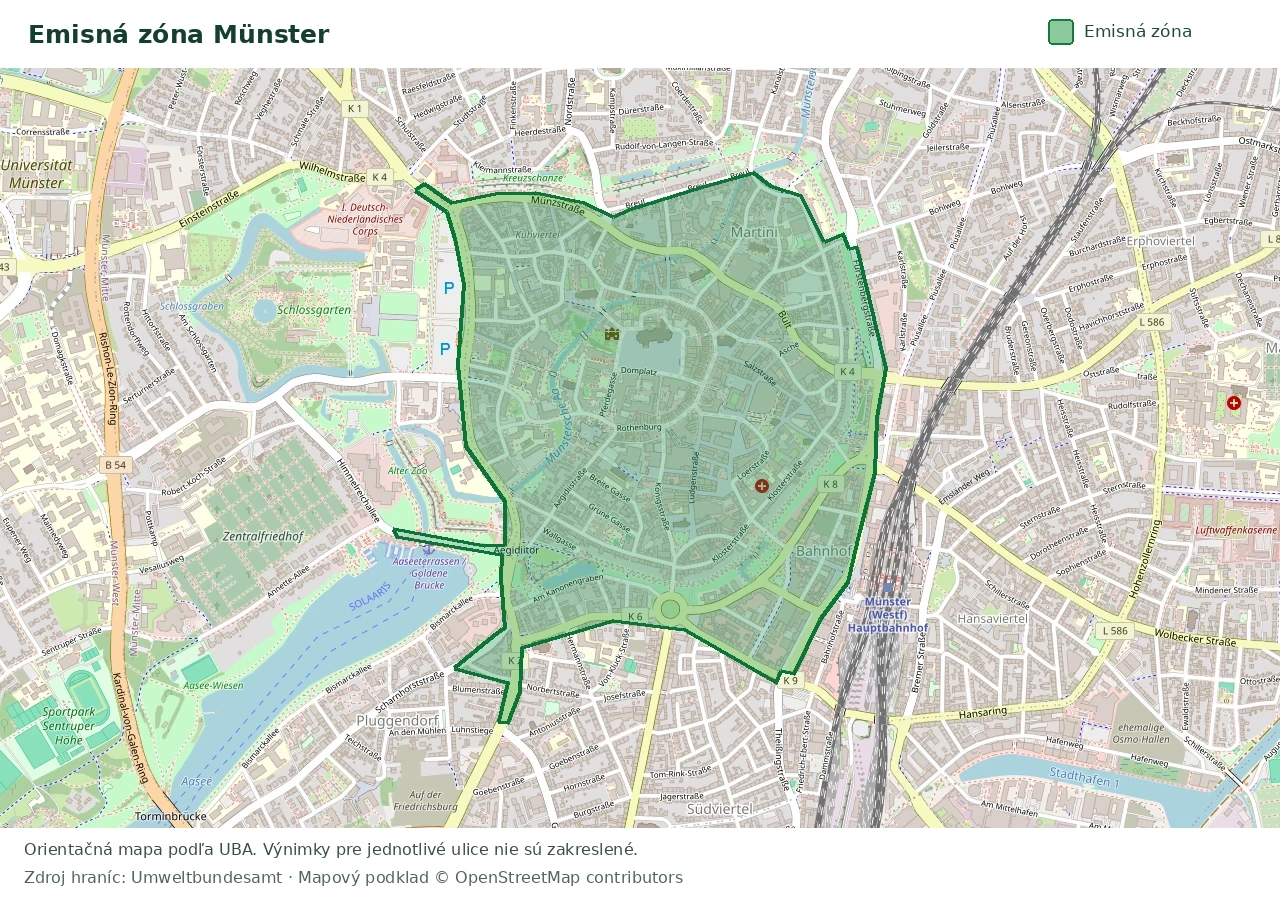 Prehľadová mapa emisnej zóny Münster s vyznačenými hranicami