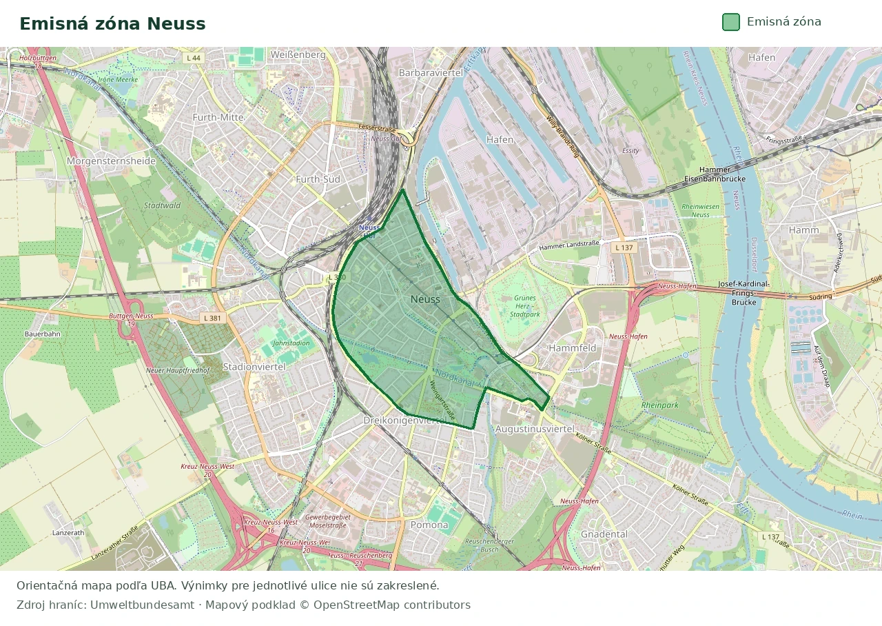 Prehľadová mapa emisnej zóny Neuss s vyznačenými hranicami
