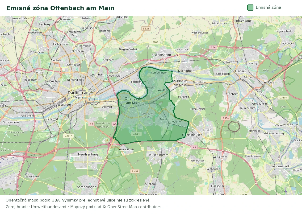 Prehľadová mapa emisnej zóny Offenbach am Main s vyznačenými hranicami