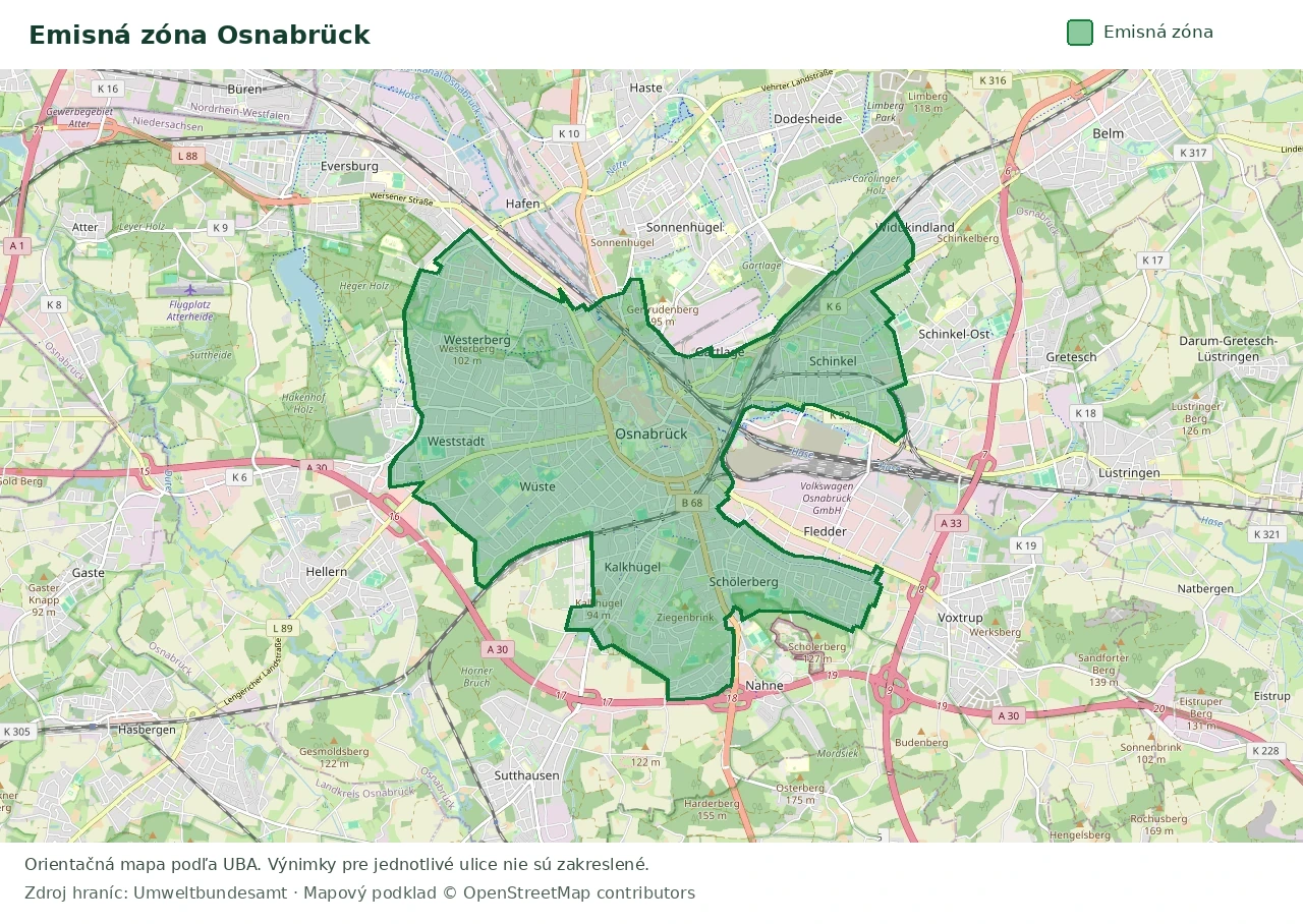 Prehľadová mapa emisnej zóny Osnabrück s vyznačenými hranicami