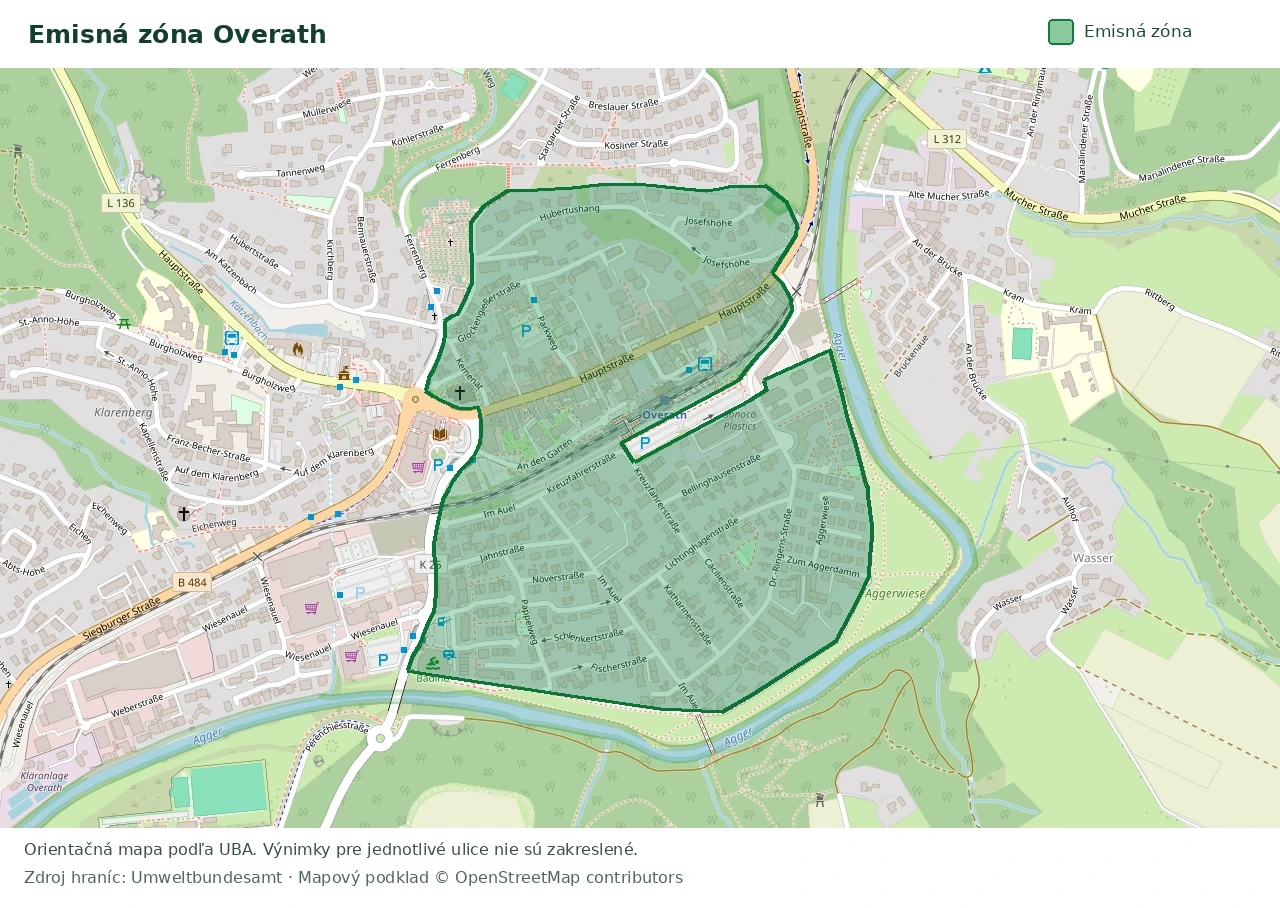 Prehľadová mapa emisnej zóny Overath s vyznačenými hranicami