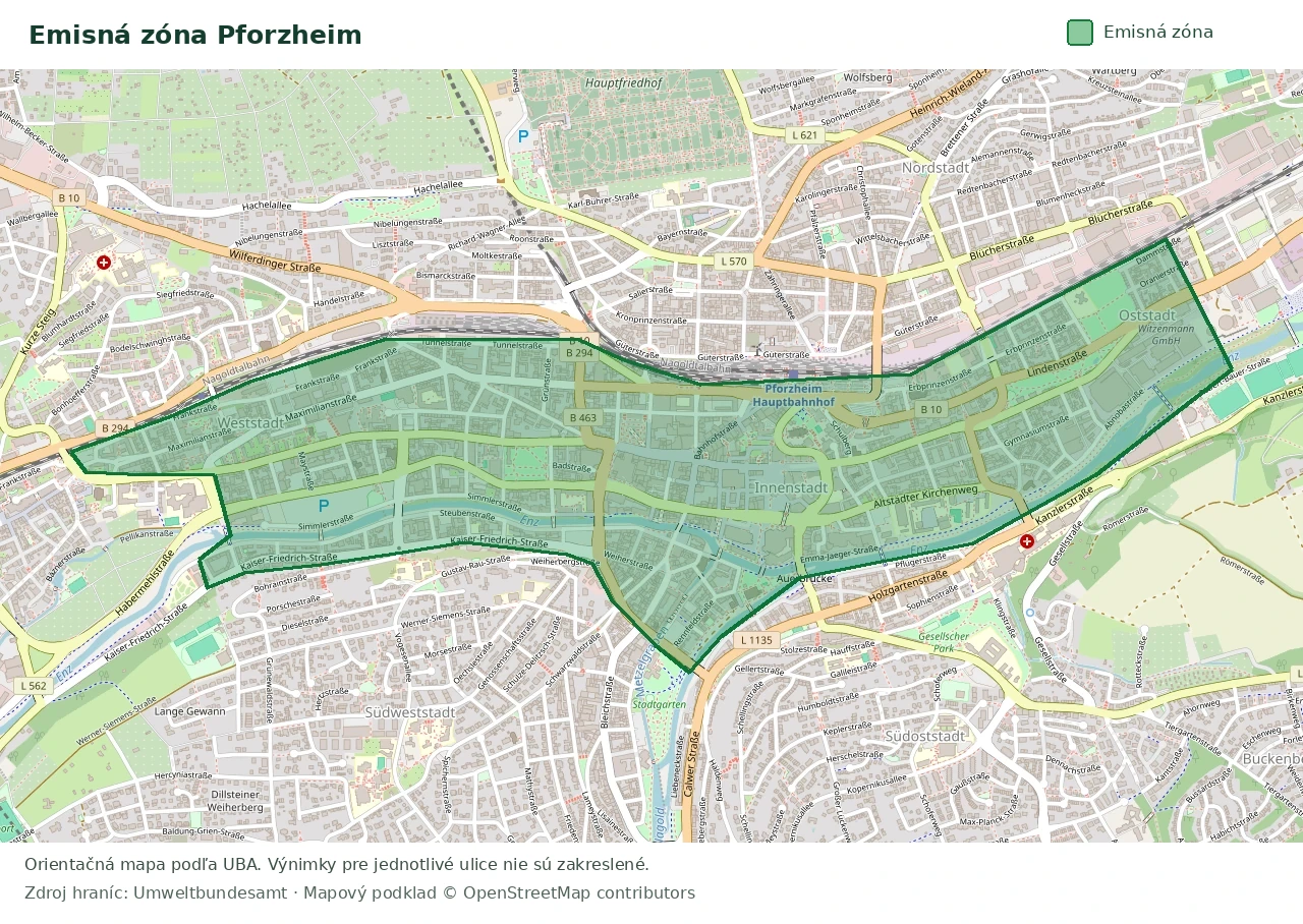 Prehľadová mapa emisnej zóny Pforzheim s vyznačenými hranicami
