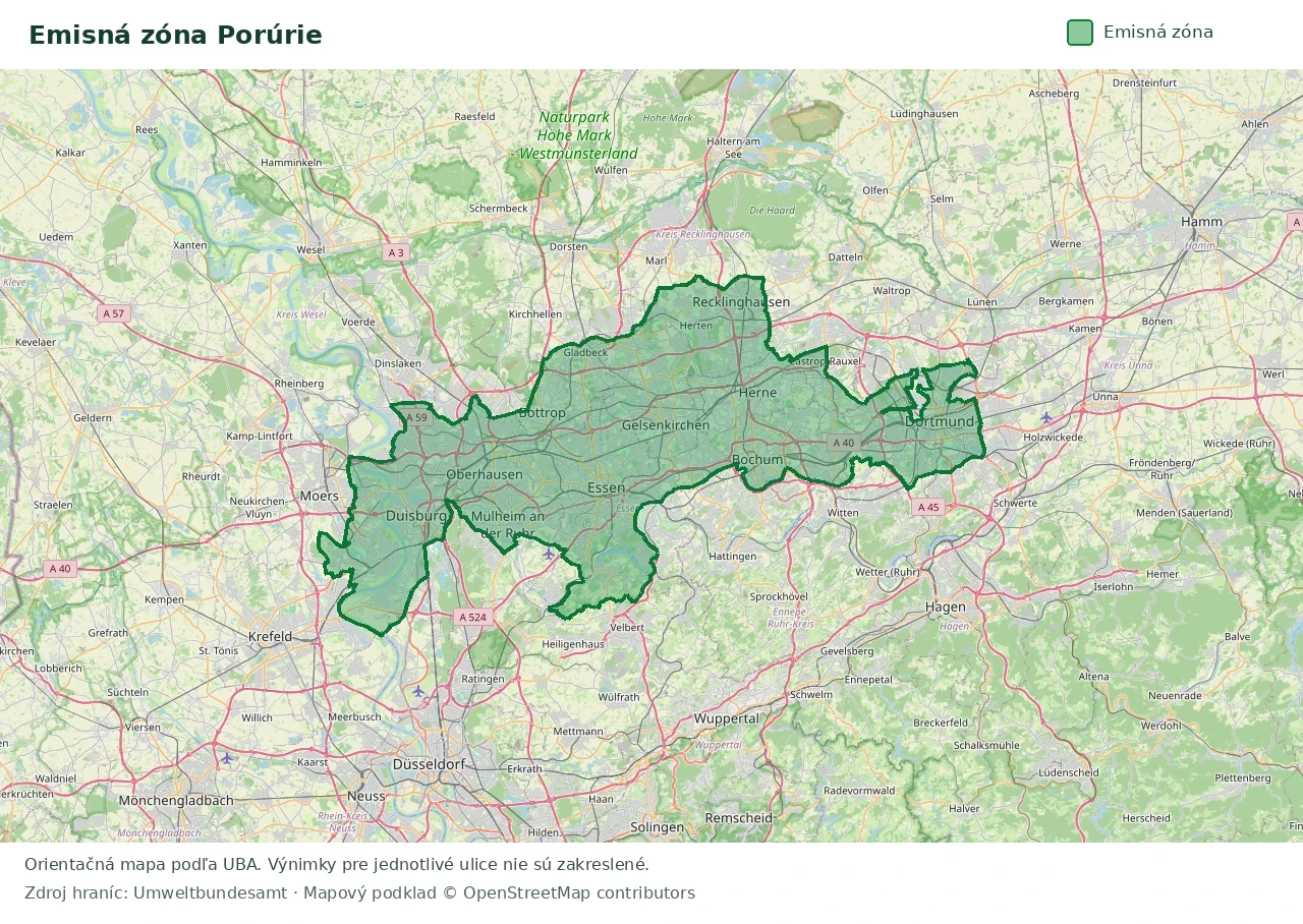 Prehľadová mapa emisnej zóny Porúrie s vyznačenými hranicami