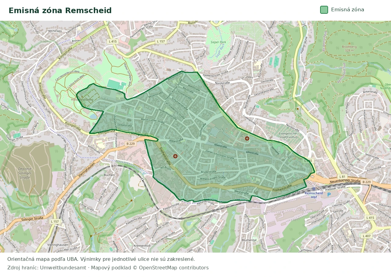 Prehľadová mapa emisnej zóny Remscheid s vyznačenými hranicami