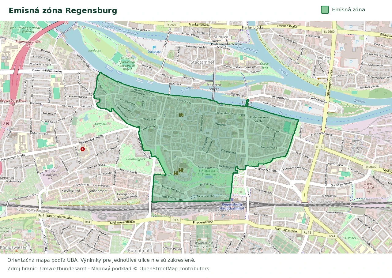 Prehľadová mapa emisnej zóny Regensburg s vyznačenými hranicami