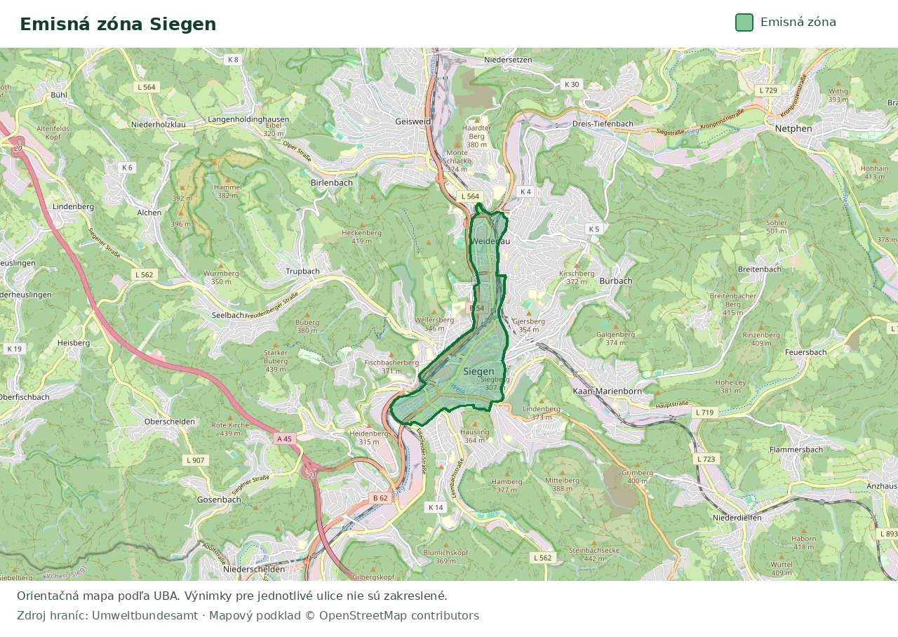 Prehľadová mapa emisnej zóny Siegen s vyznačenými hranicami
