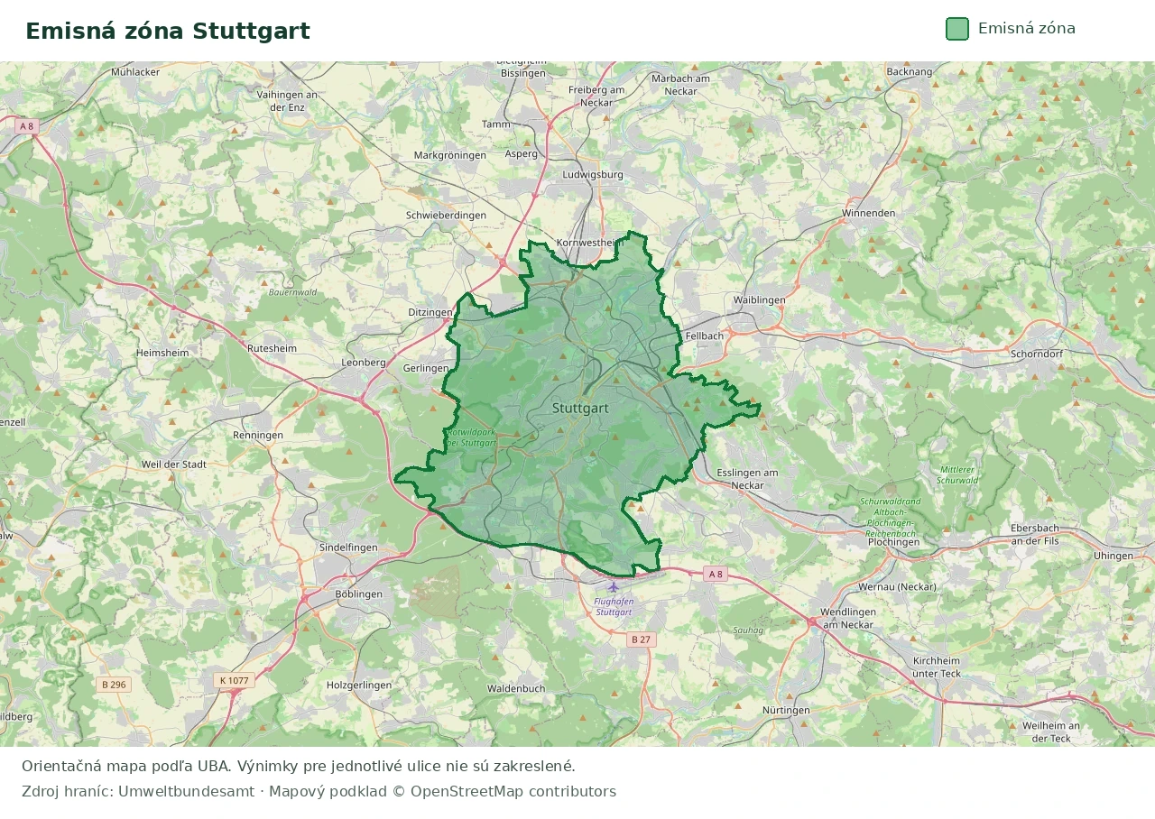 Prehľadová mapa emisnej zóny Stuttgart s vyznačenými hranicami