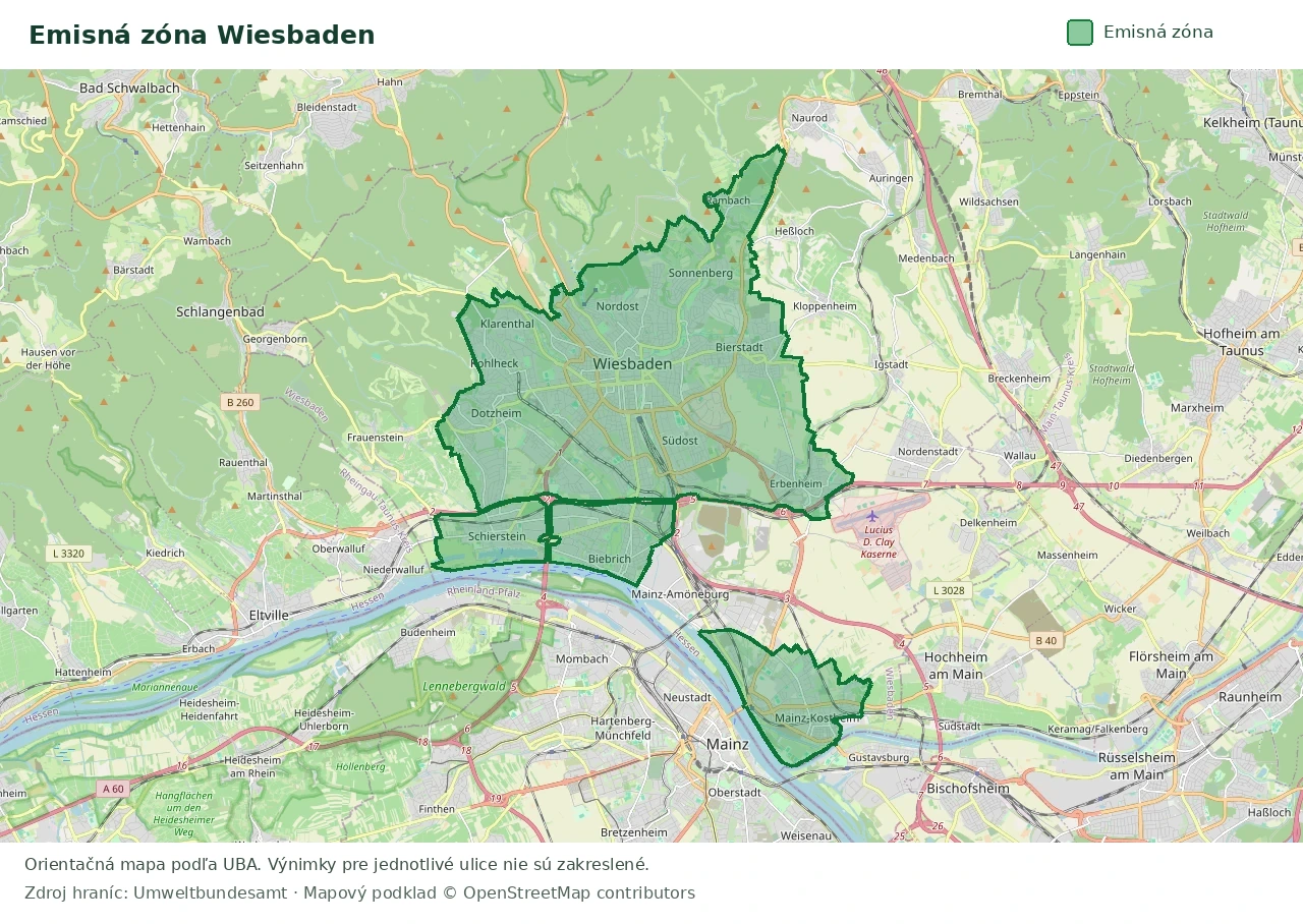 Prehľadová mapa emisnej zóny Wiesbaden s vyznačenými hranicami