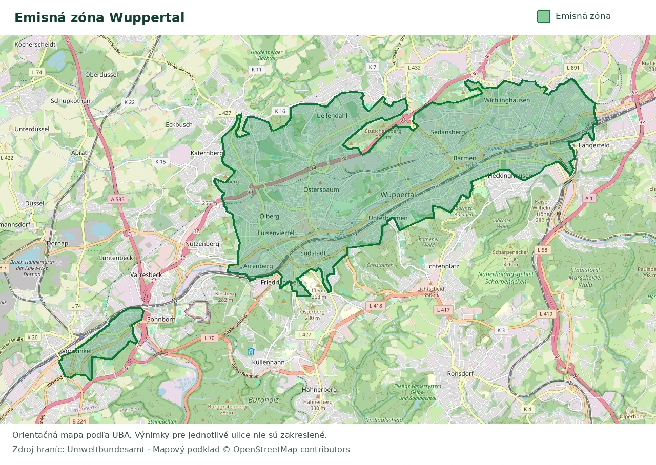 Prehľadová mapa emisnej zóny Wuppertal s vyznačenými hranicami